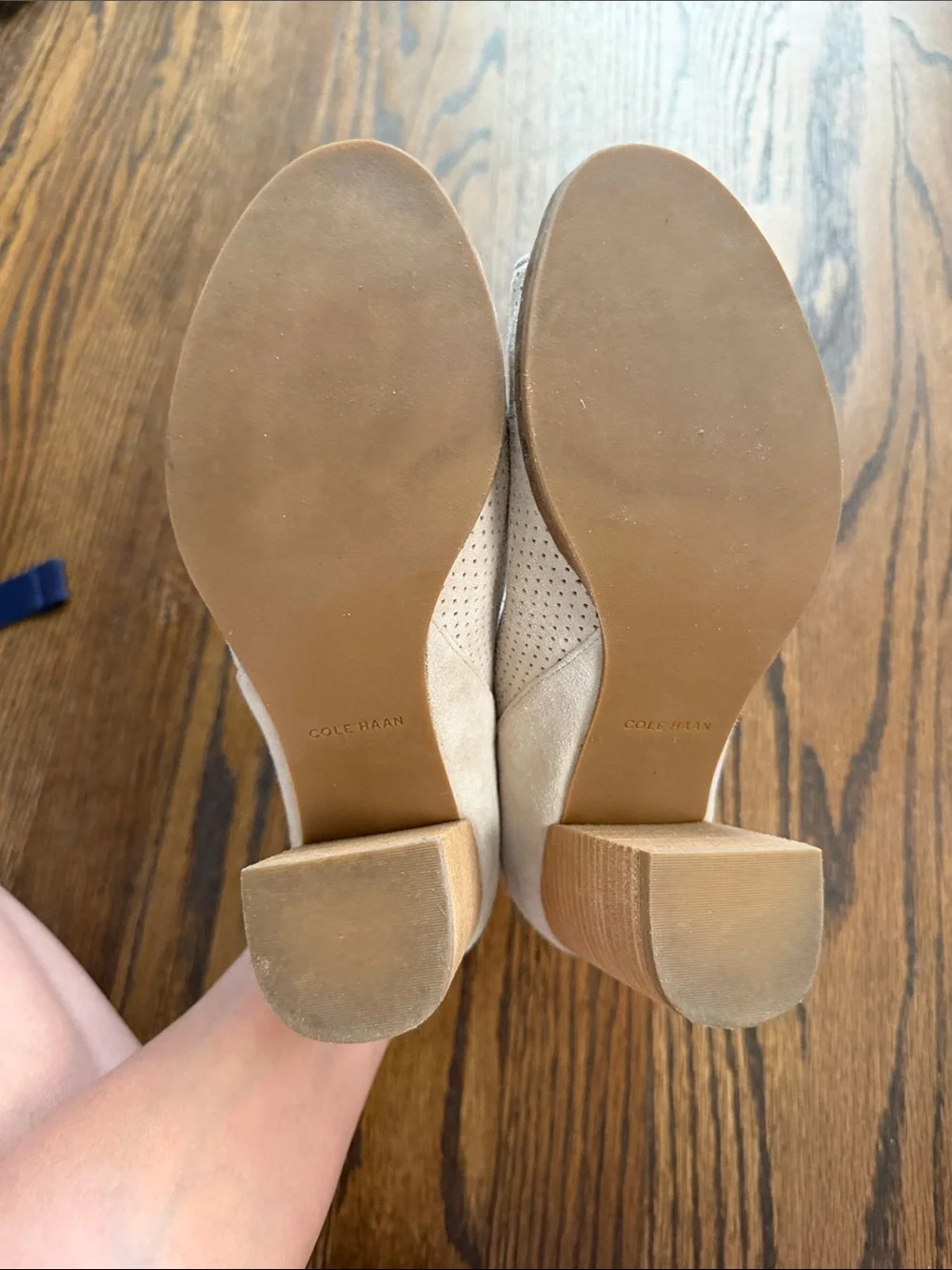 Cole Haan Beige Suede Perforated Peep-Toe Block Heel Booties